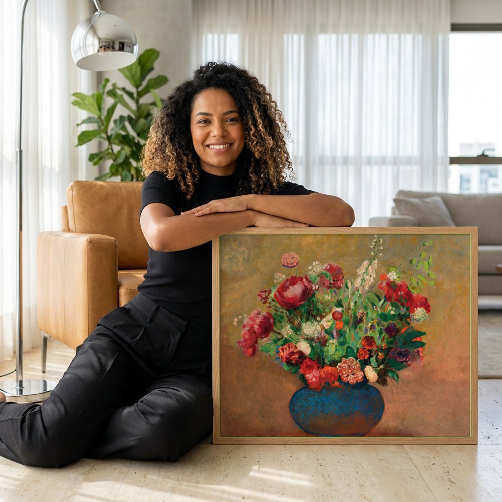 Quadro Decorativo Vaso de Flores - Odilon Redon | modelo apresentando o quadro emoldurado