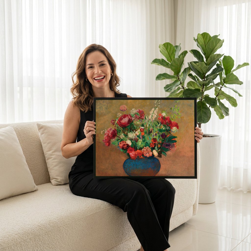 Quadro Decorativo Vaso de Flores - Odilon Redon | modelo apresentando o quadro emoldurado