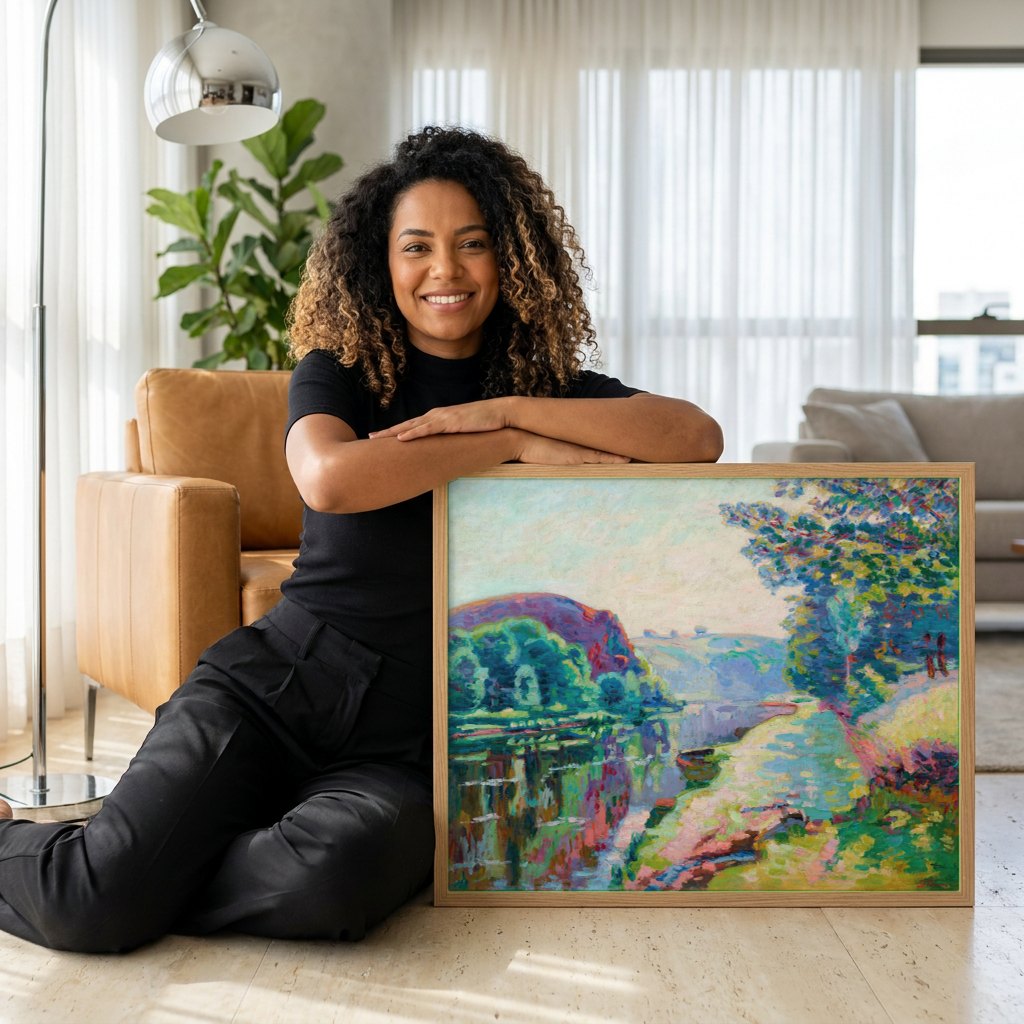 Quadro Decorativo Paisagem Fluvial - Armand Guillaumin | modelo apresentando o quadro emoldurado