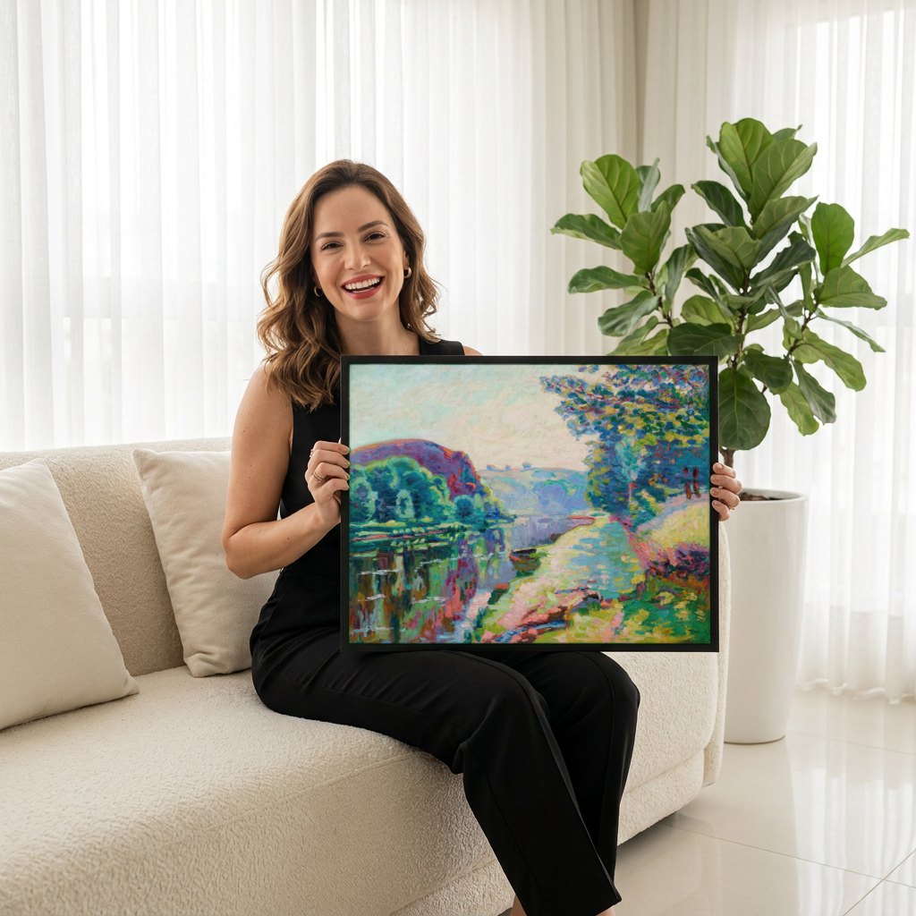 Quadro Decorativo Paisagem Fluvial - Armand Guillaumin | modelo apresentando o quadro emoldurado