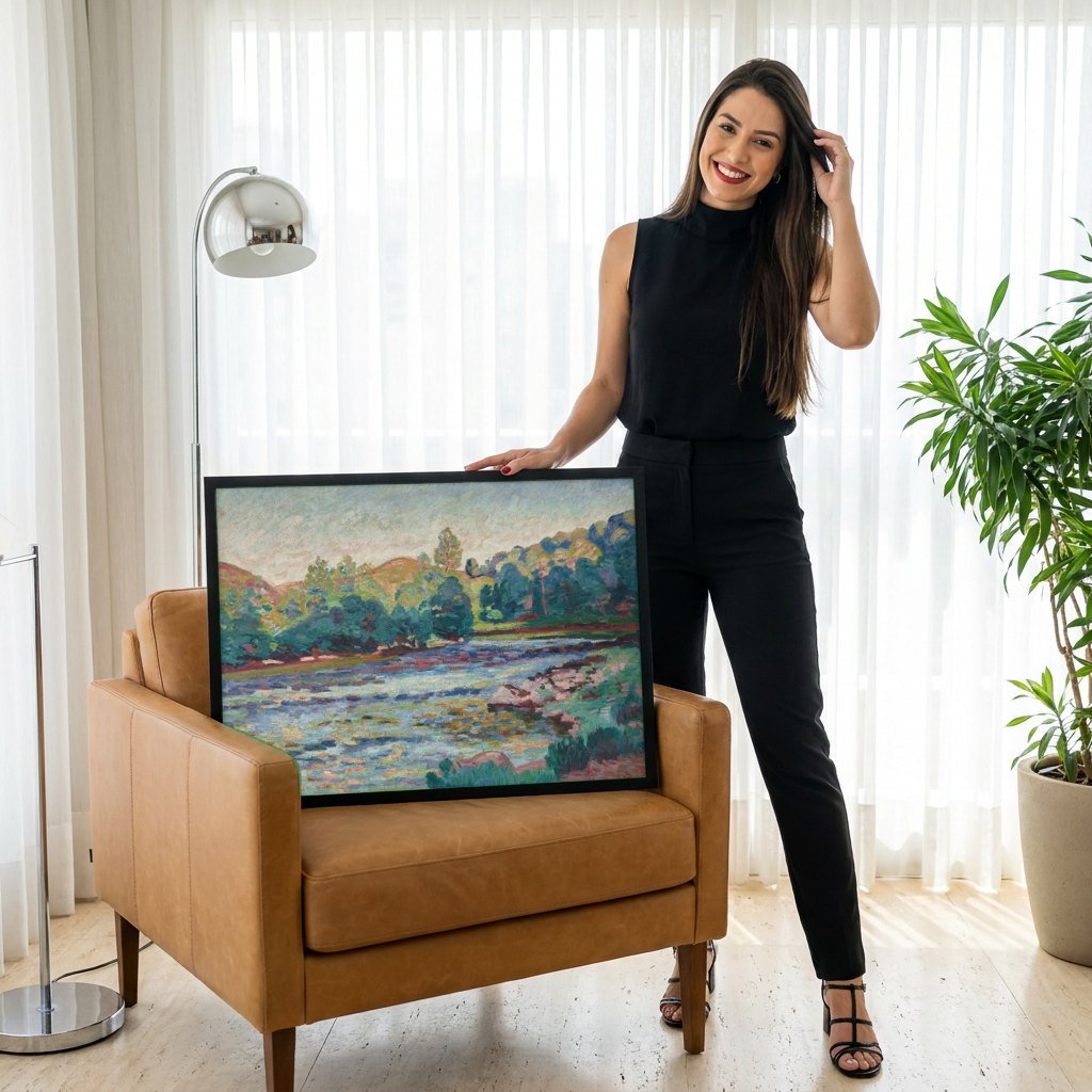 Quadro Decorativo Paisagem com Rio - Armand Guillaumin | modelo apresentando o quadro emoldurado