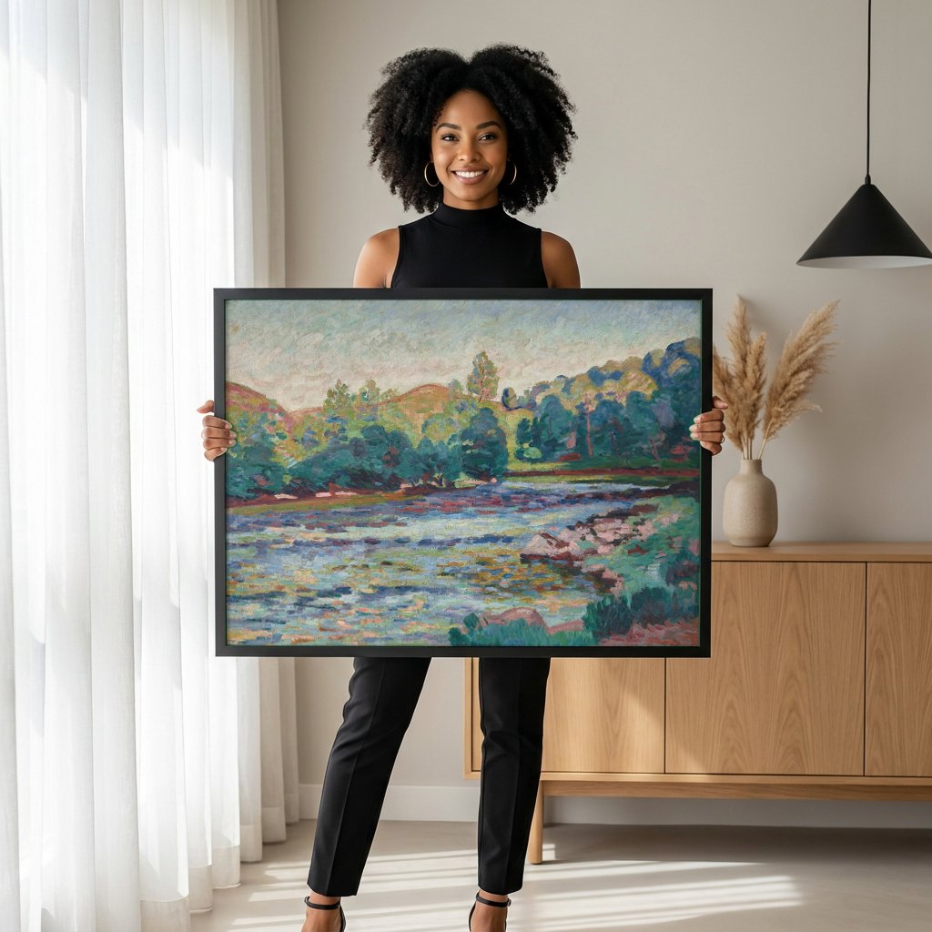 Quadro Decorativo Paisagem com Rio - Armand Guillaumin | modelo apresentando o quadro emoldurado