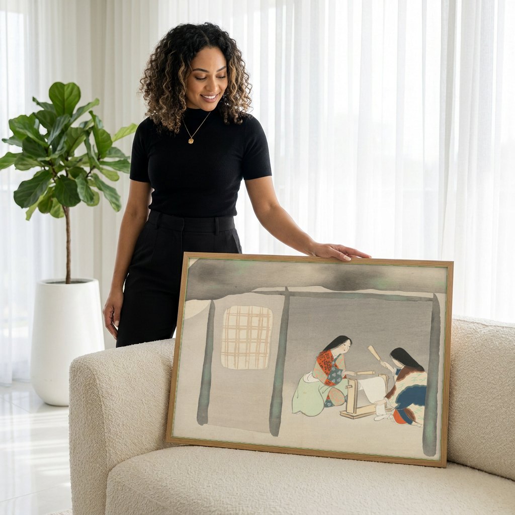 Quadro Decorativo Cenas Domésticas Japonesas - Kamisaka Sekka | modelo apresentando o quadro emoldurado