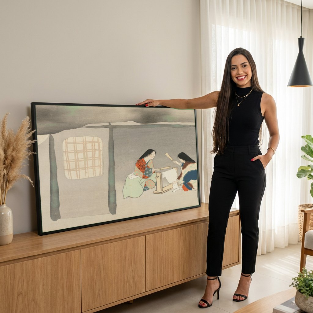 Quadro Decorativo Cenas Domésticas Japonesas - Kamisaka Sekka | modelo apresentando o quadro emoldurado