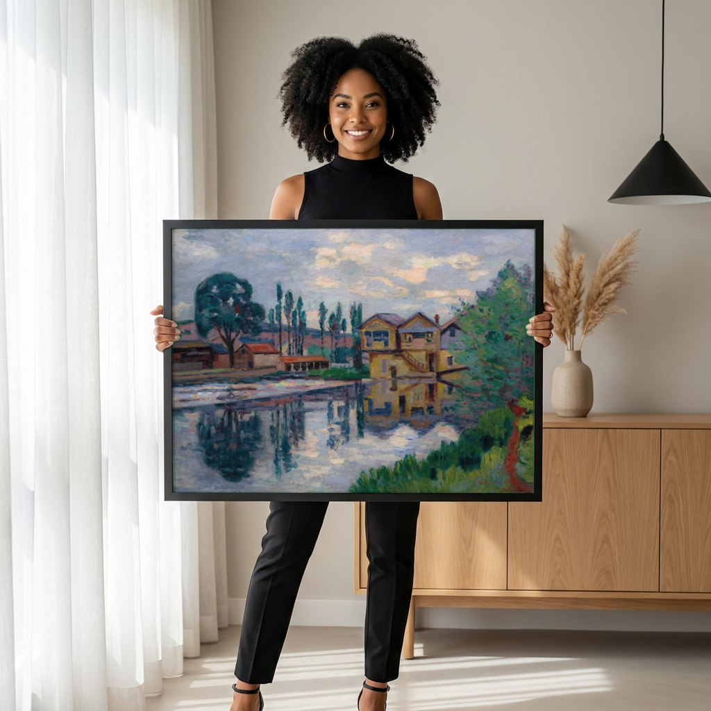 Quadro Decorativo Paisagem Fluvial - Armand Guillaumin | modelo apresentando o quadro emoldurado