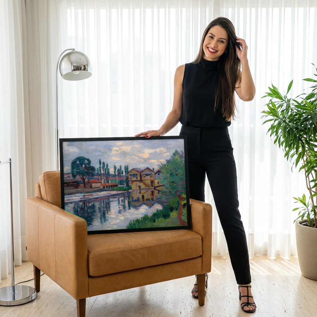Quadro Decorativo Paisagem Fluvial - Armand Guillaumin | modelo apresentando o quadro emoldurado