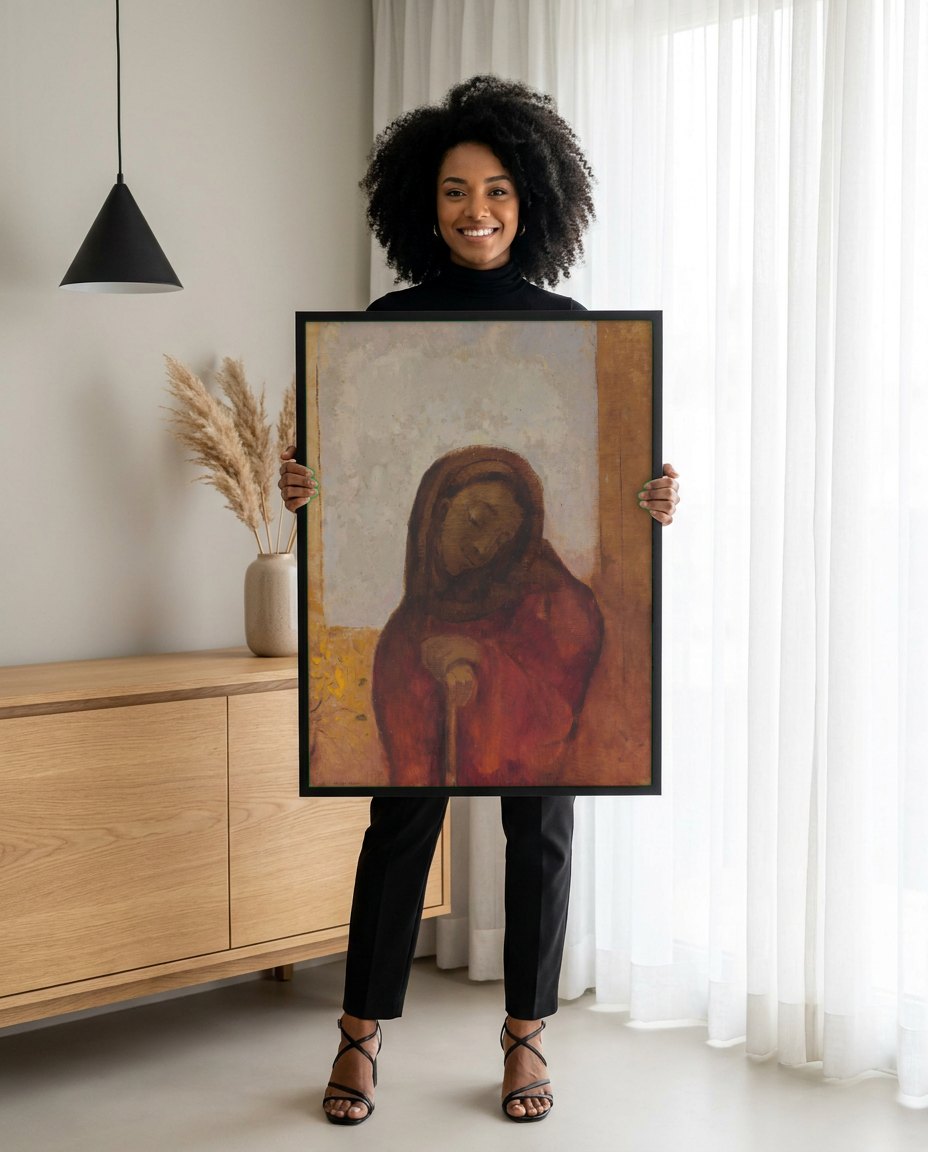 Quadro Decorativo A Virgem - Odilon Redon | modelo apresentando o quadro emoldurado