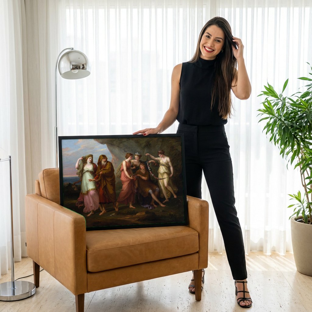 Quadro Decorativo A Poesia e a Música - Angelica Kauffmann | modelo apresentando o quadro emoldurado