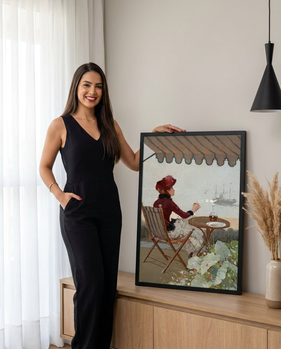 Quadro Decorativo A Dama no Terraço - Jean Béraud | modelo apresentando o quadro emoldurado