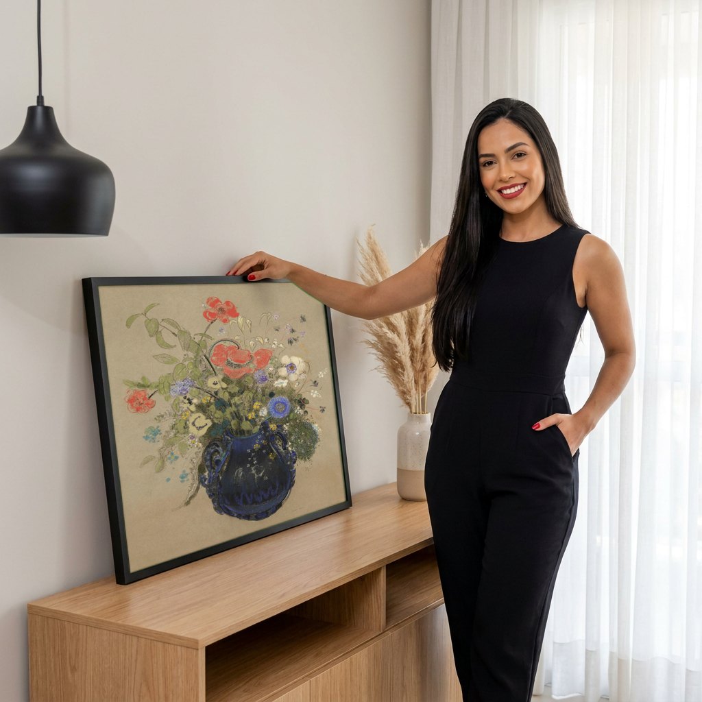 Quadro Decorativo 'Vaso de Flores' - Odilon Redon | modelo apresentando o quadro emoldurado
