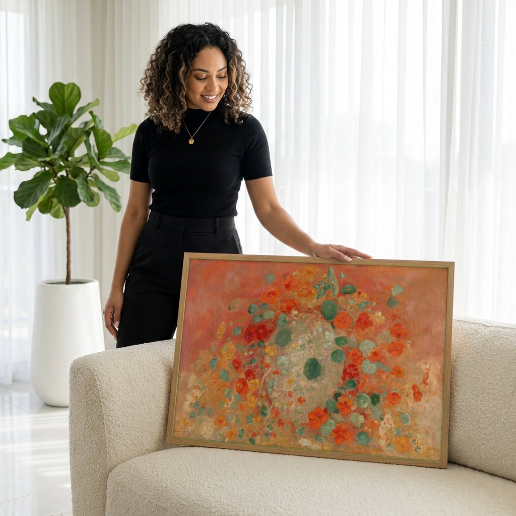 Quadro Decorativo Flores e Folhas - Odilon Redon | modelo apresentando o quadro emoldurado