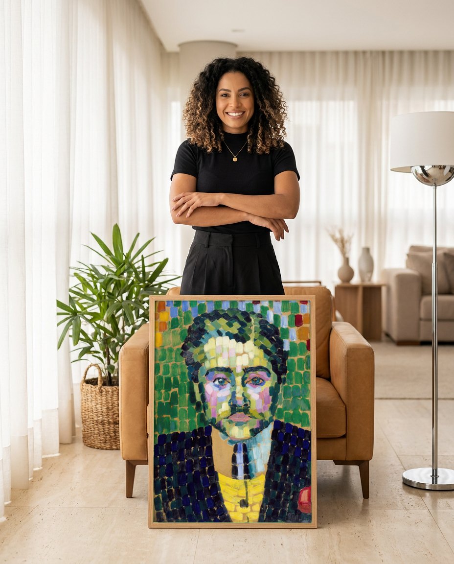 Quadro Decorativo Retrato de Jean Metzinger - Robert Delaunay | modelo apresentando o quadro emoldurado