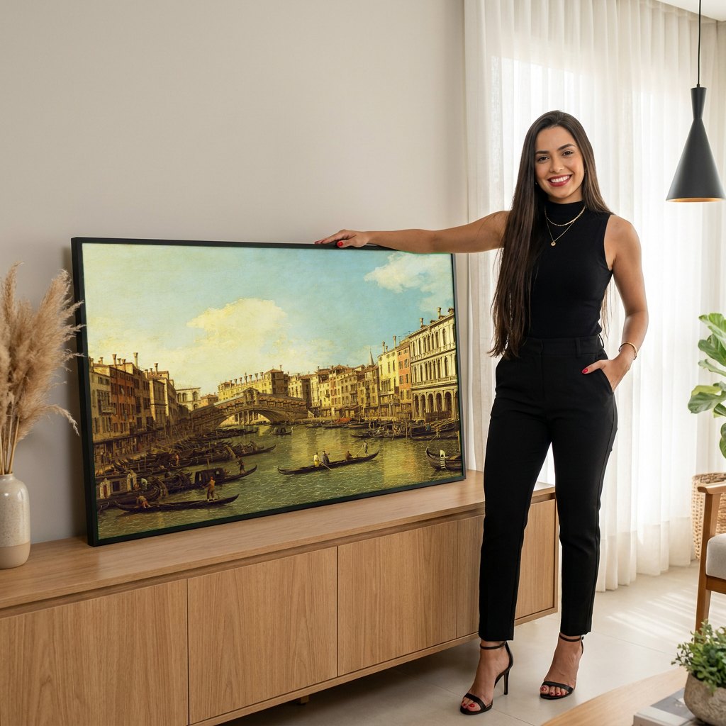 Quadro Decorativo O Grande Canal com Ponte Rialto - Canaletto | modelo apresentando o quadro emoldurado