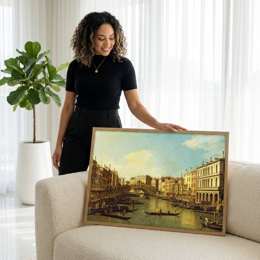 Quadro Decorativo O Grande Canal com Ponte Rialto - Canaletto | modelo apresentando o quadro emoldurado