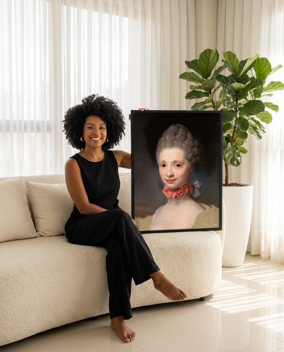 Quadro Decorativo Retrato de Dama - Anton Raphael Mengs | modelo apresentando o quadro emoldurado