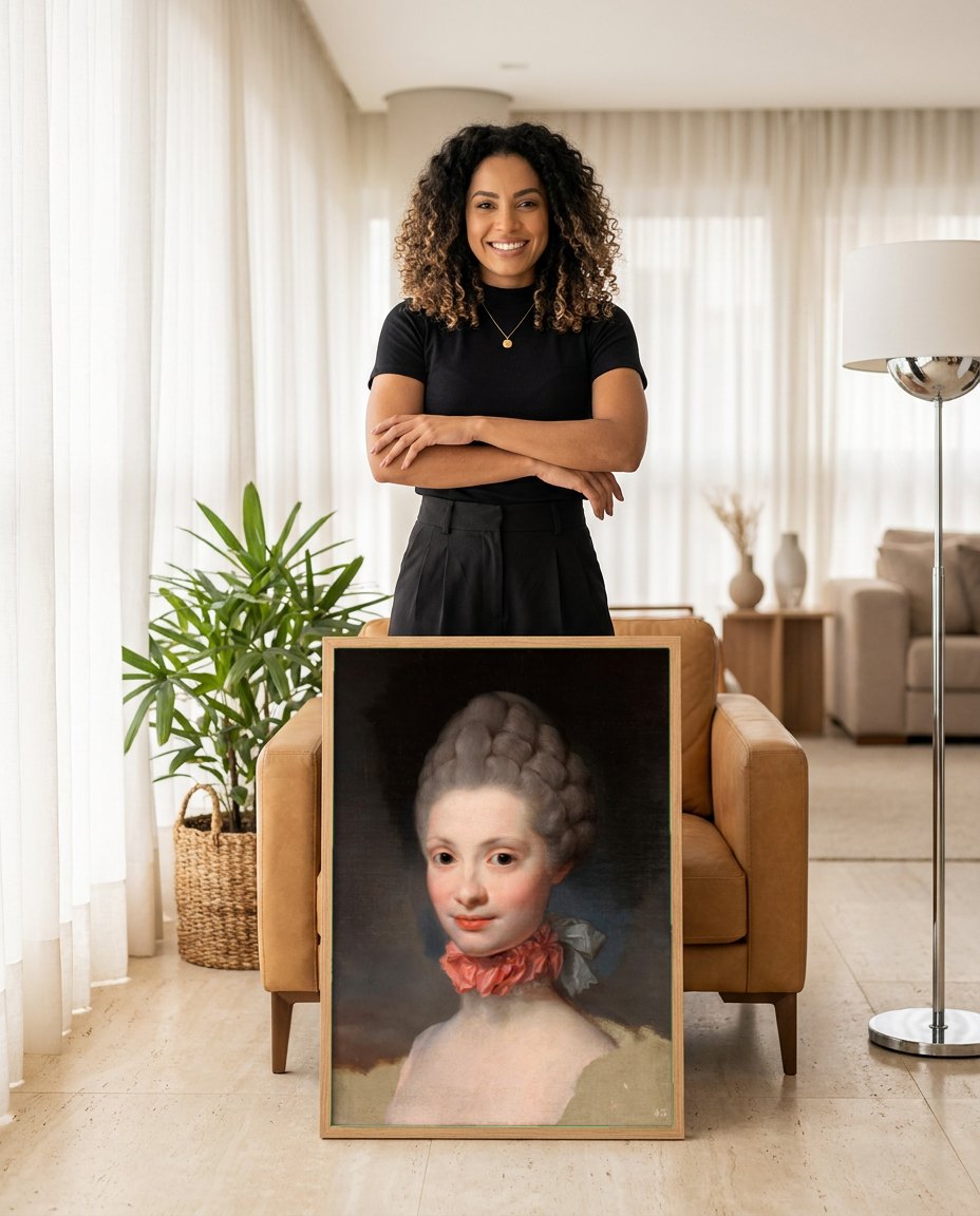 Quadro Decorativo Retrato de Dama - Anton Raphael Mengs | modelo apresentando o quadro emoldurado