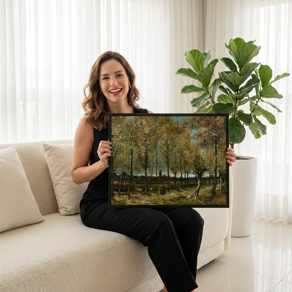 Quadro Decorativo Avenida de Poplars - Vincent van Gogh | modelo apresentando o quadro emoldurado