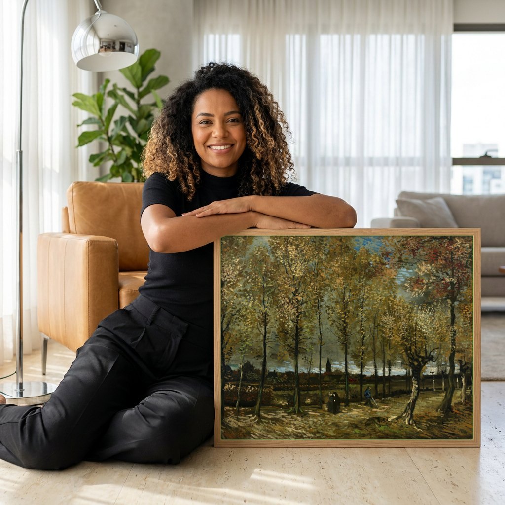 Quadro Decorativo Avenida de Poplars - Vincent van Gogh | modelo apresentando o quadro emoldurado