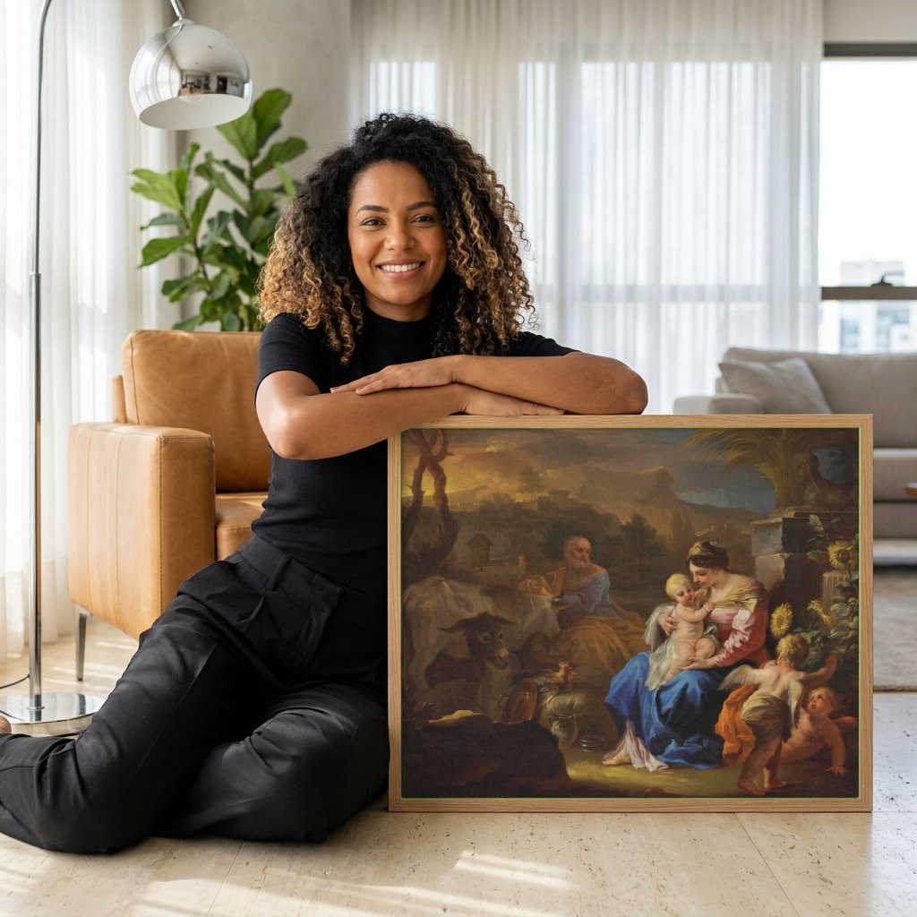 Quadro Decorativo A Sagrada Família - Francesco Solimena | modelo apresentando o quadro emoldurado