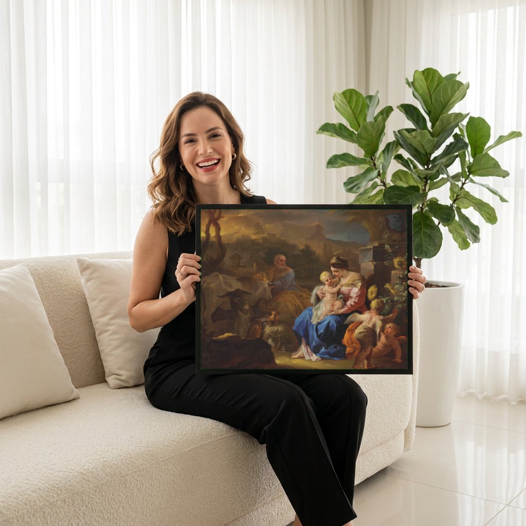 Quadro Decorativo A Sagrada Família - Francesco Solimena | modelo apresentando o quadro emoldurado