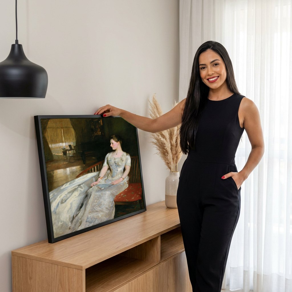 Quadro Decorativo Senhora em Branco - John Singer Sargent | modelo apresentando o quadro emoldurado