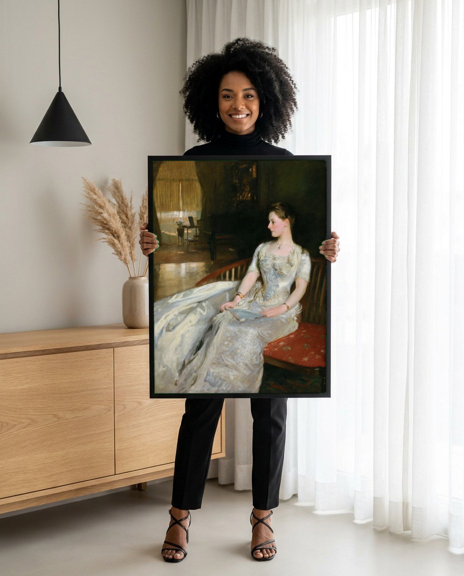 Quadro Decorativo Senhora em Branco - John Singer Sargent | modelo apresentando o quadro emoldurado