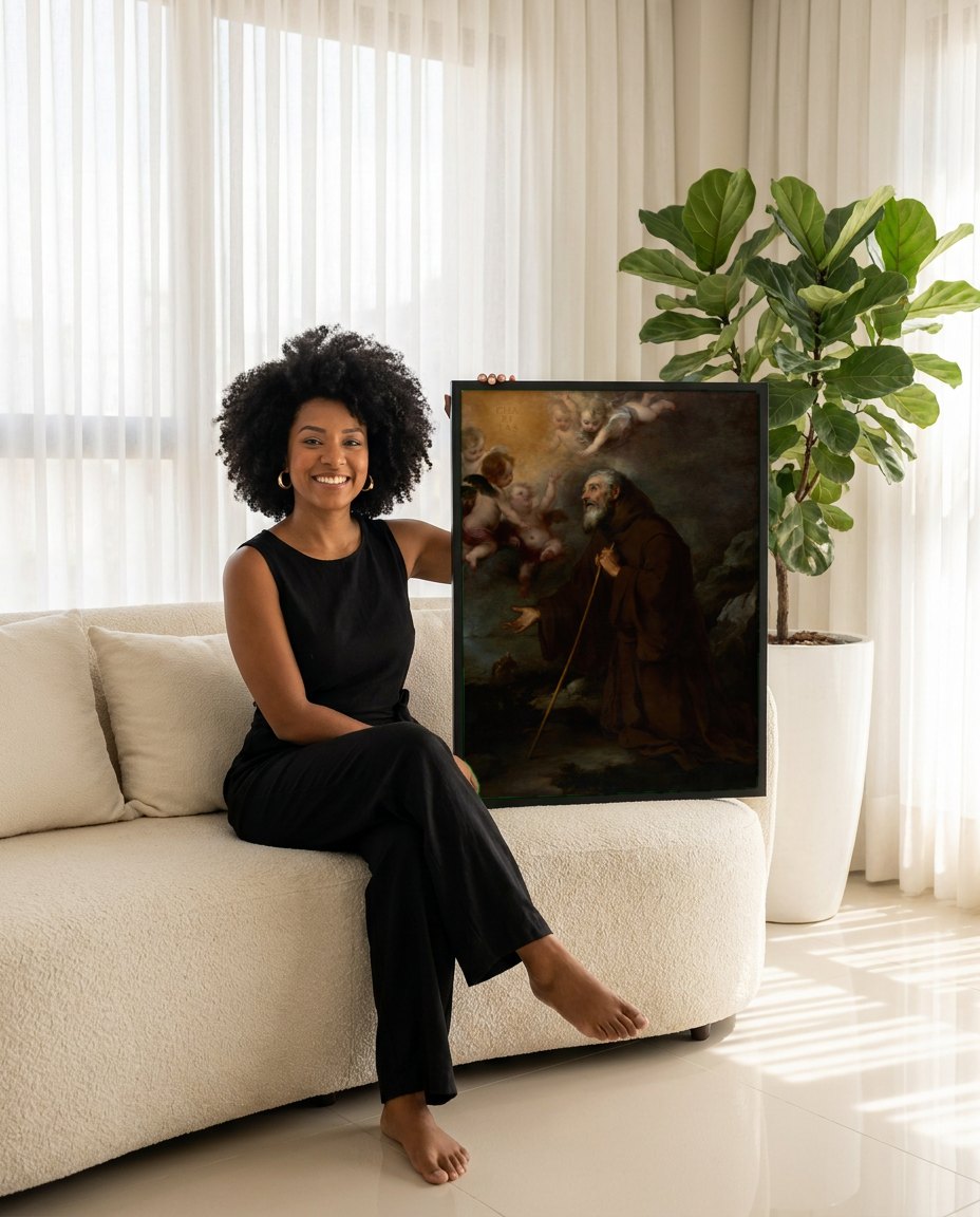 Quadro Decorativo A Visão de Santo Antônio de Pádua - Murillo | modelo apresentando o quadro emoldurado