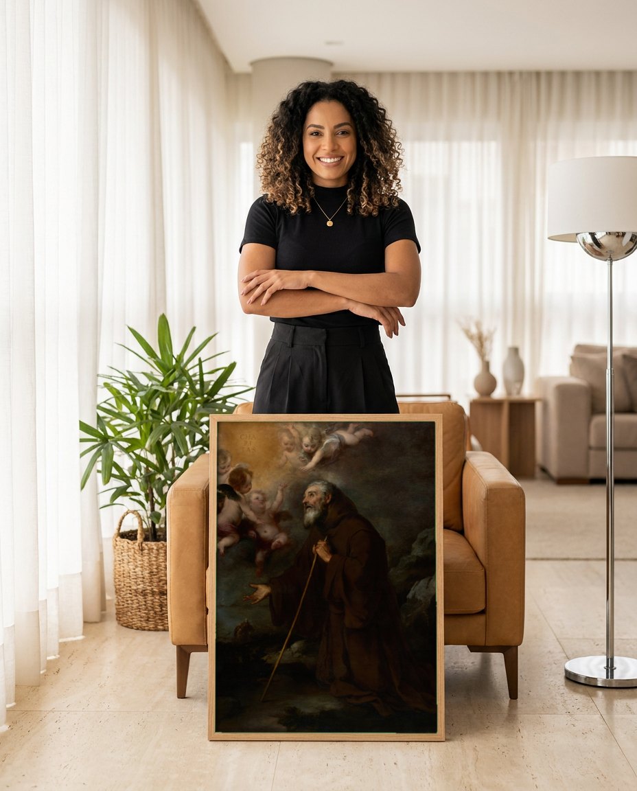Quadro Decorativo A Visão de Santo Antônio de Pádua - Murillo | modelo apresentando o quadro emoldurado