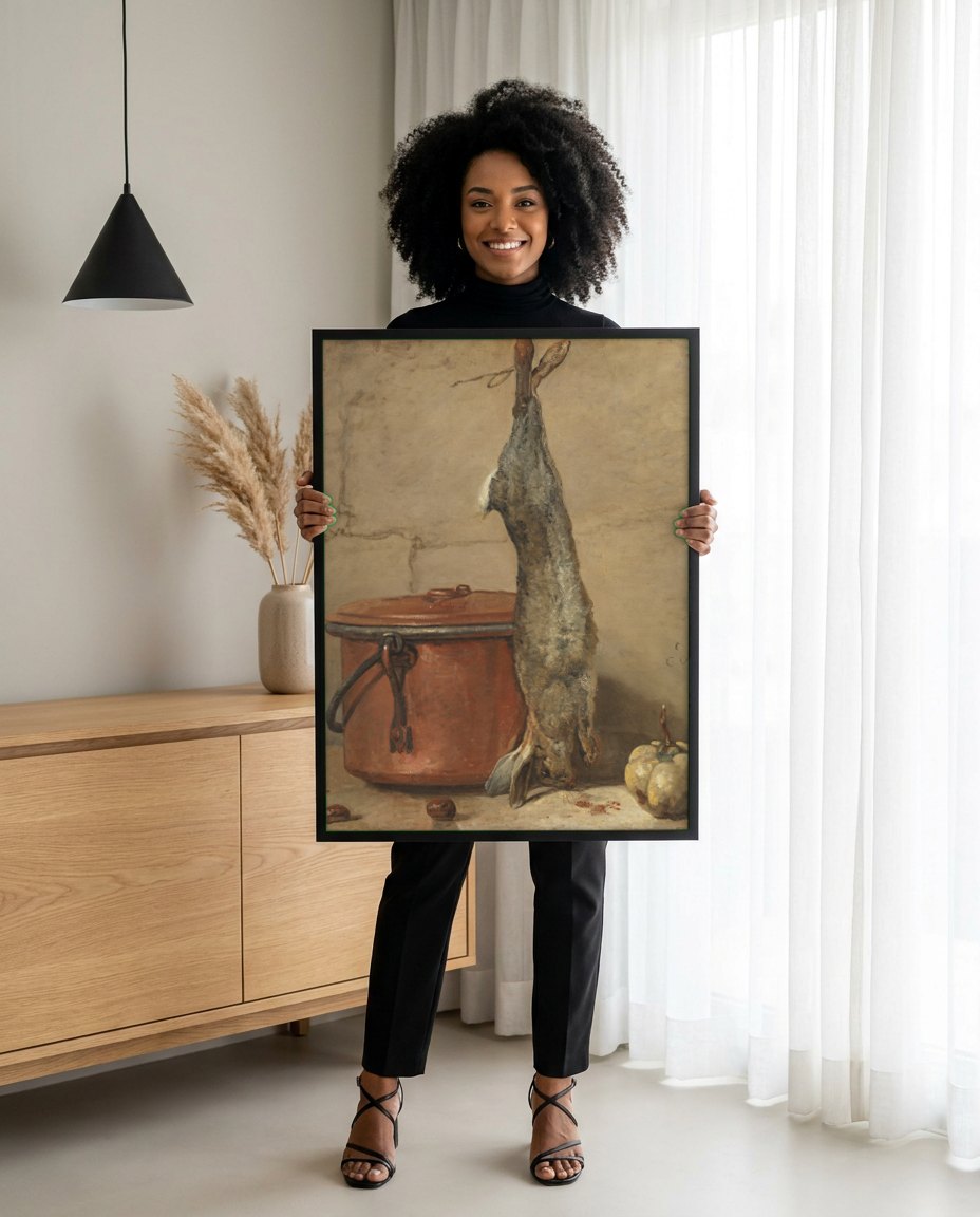Quadro Decorativo A Lebre e o Tacho - Jean Siméon Chardin | modelo apresentando o quadro emoldurado
