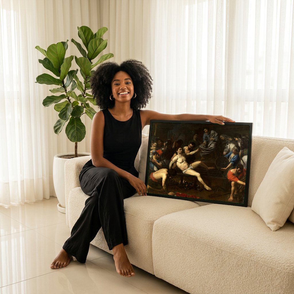 Quadro Decorativo Martírio de São Lourenço - Valentin de Boulogne | modelo apresentando o quadro emoldurado