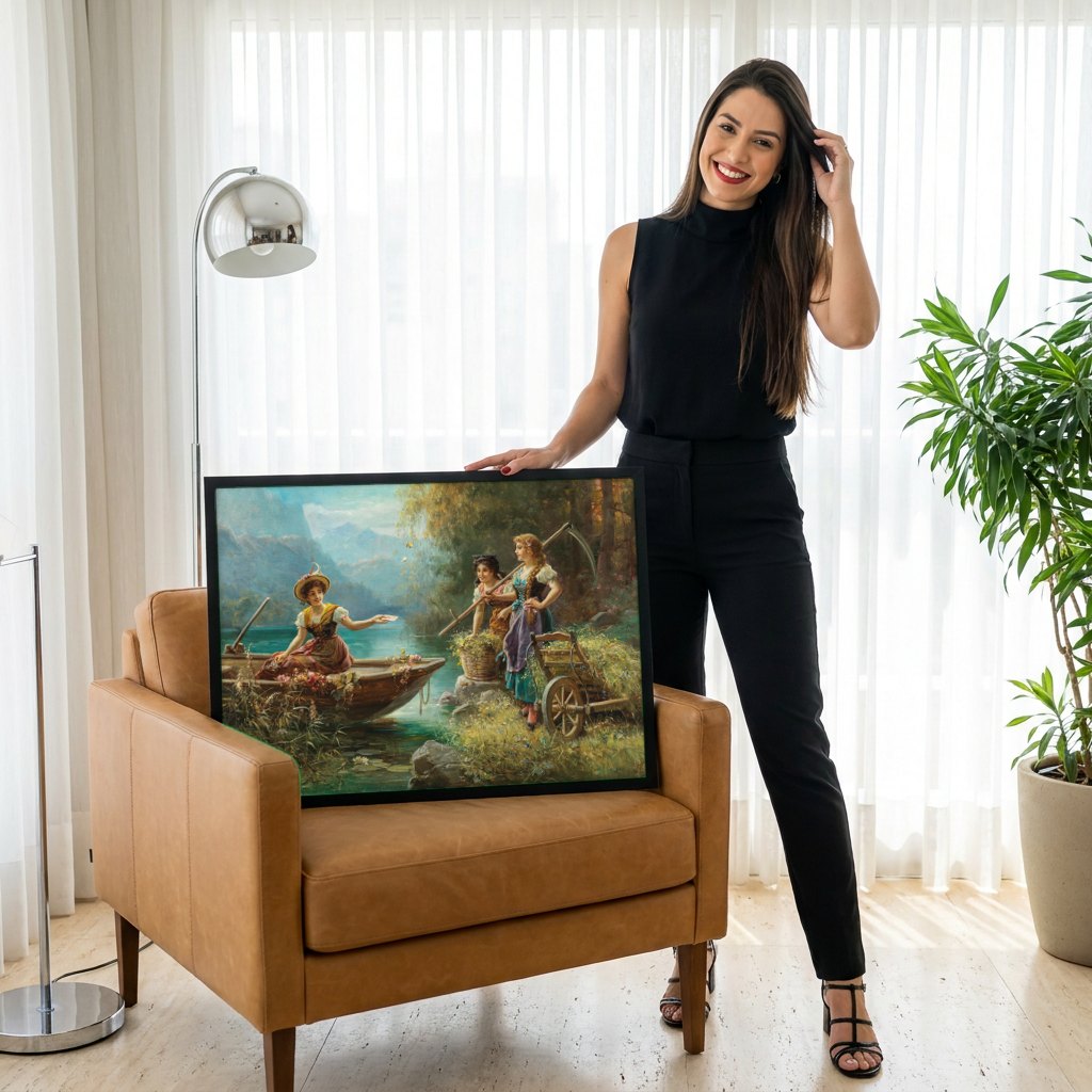 Quadro Decorativo A Oferta de Flores - Hans Zatzka | modelo apresentando o quadro emoldurado