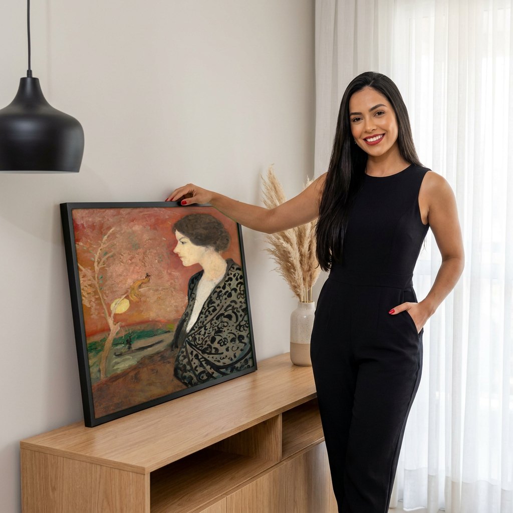 Quadro Decorativo A Mulher no Xale Oriental - August Macke | modelo apresentando o quadro emoldurado
