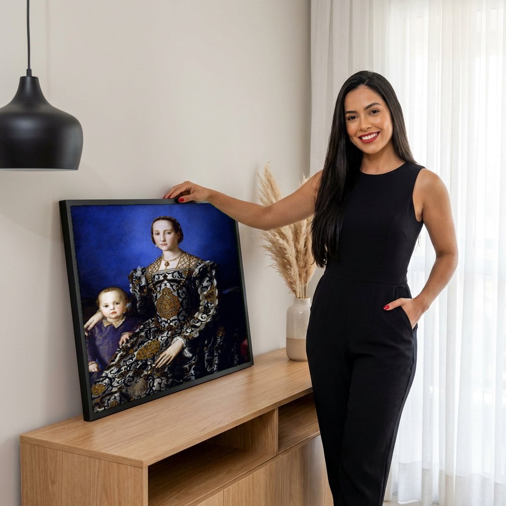 Quadro Decorativo Senhora com Filho - Bronzino | modelo apresentando o quadro emoldurado