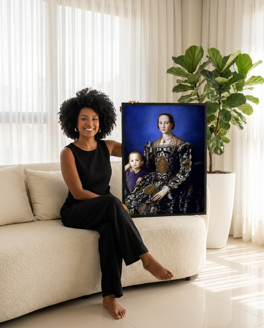 Quadro Decorativo Senhora com Filho - Bronzino | modelo apresentando o quadro emoldurado