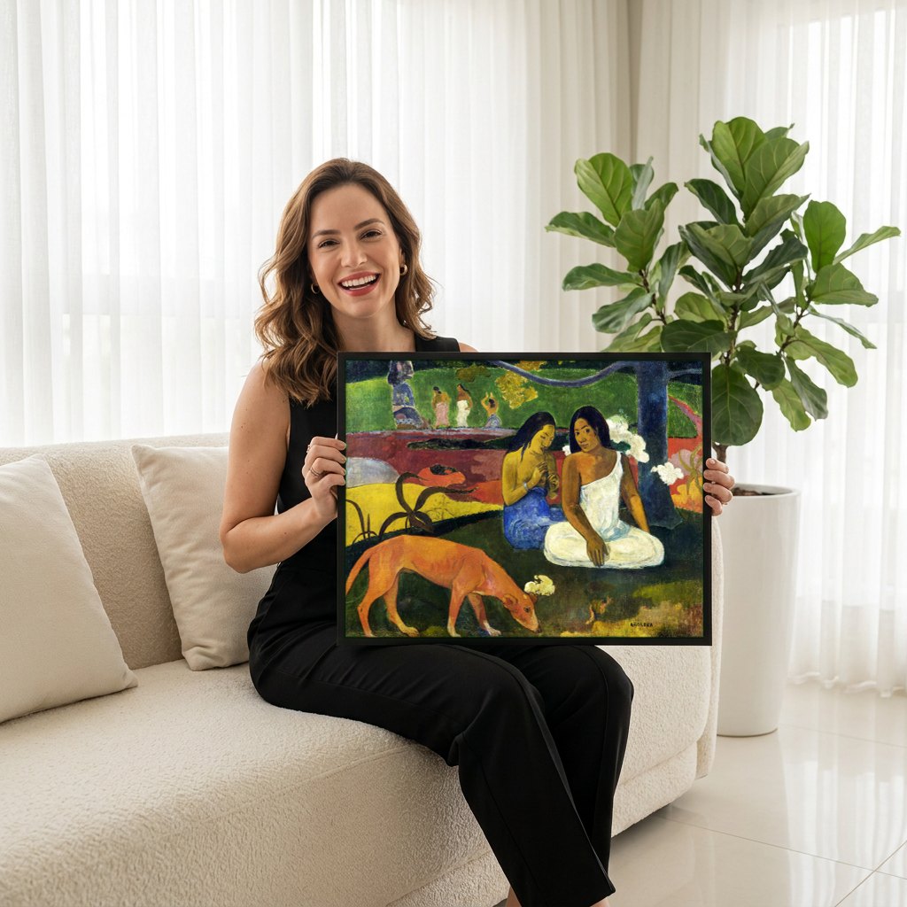 Quadro Decorativo Arearea - Paul Gauguin | modelo apresentando o quadro emoldurado
