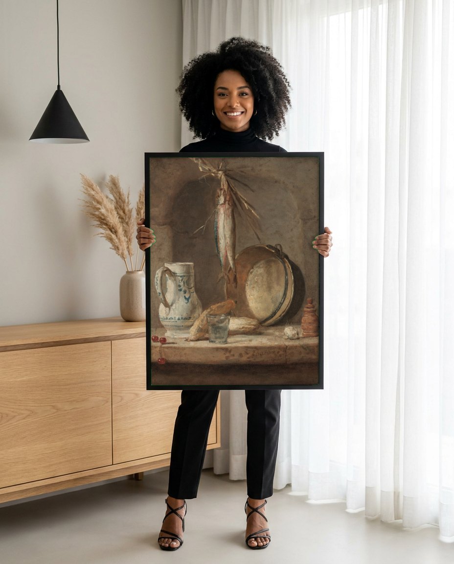 Quadro Decorativo 'A Despensa' - Jean Siméon Chardin | modelo apresentando o quadro emoldurado