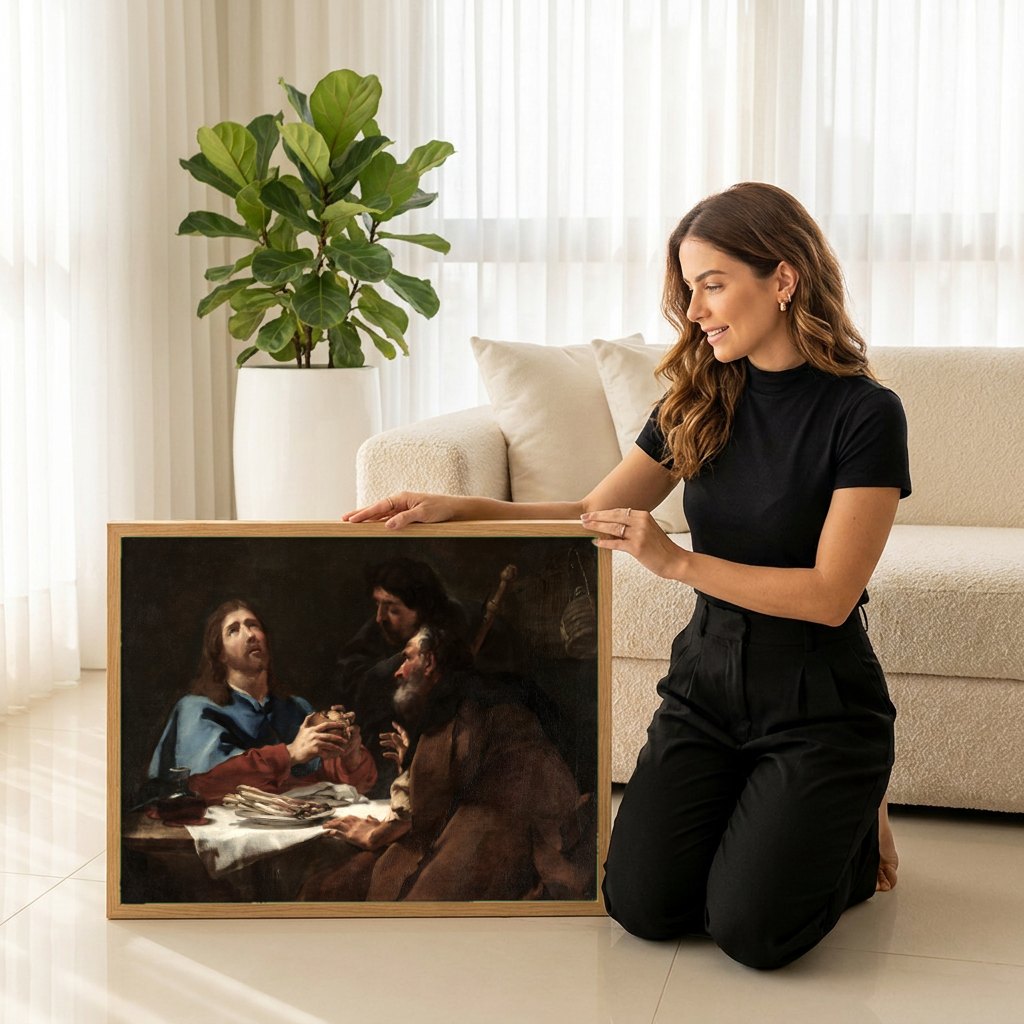 Quadro Decorativo A Ceia em Emaús - Giovanni Battista Piazzetta | modelo apresentando o quadro emoldurado