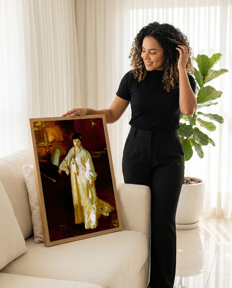 Quadro Decorativo 'A Dama de Branco' - John Singer Sargent | modelo apresentando o quadro emoldurado