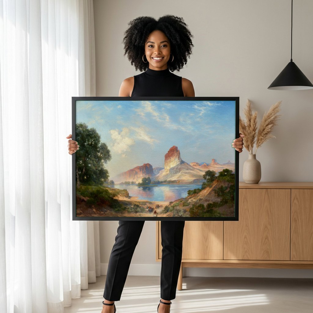Quadro Decorativo Paisagem Grand Canyon - Thomas Moran | modelo apresentando o quadro emoldurado