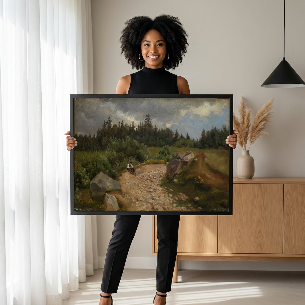 Quadro Decorativo Homem Sentado em Caminho Rural - Hans Thoma | modelo apresentando o quadro emoldurado