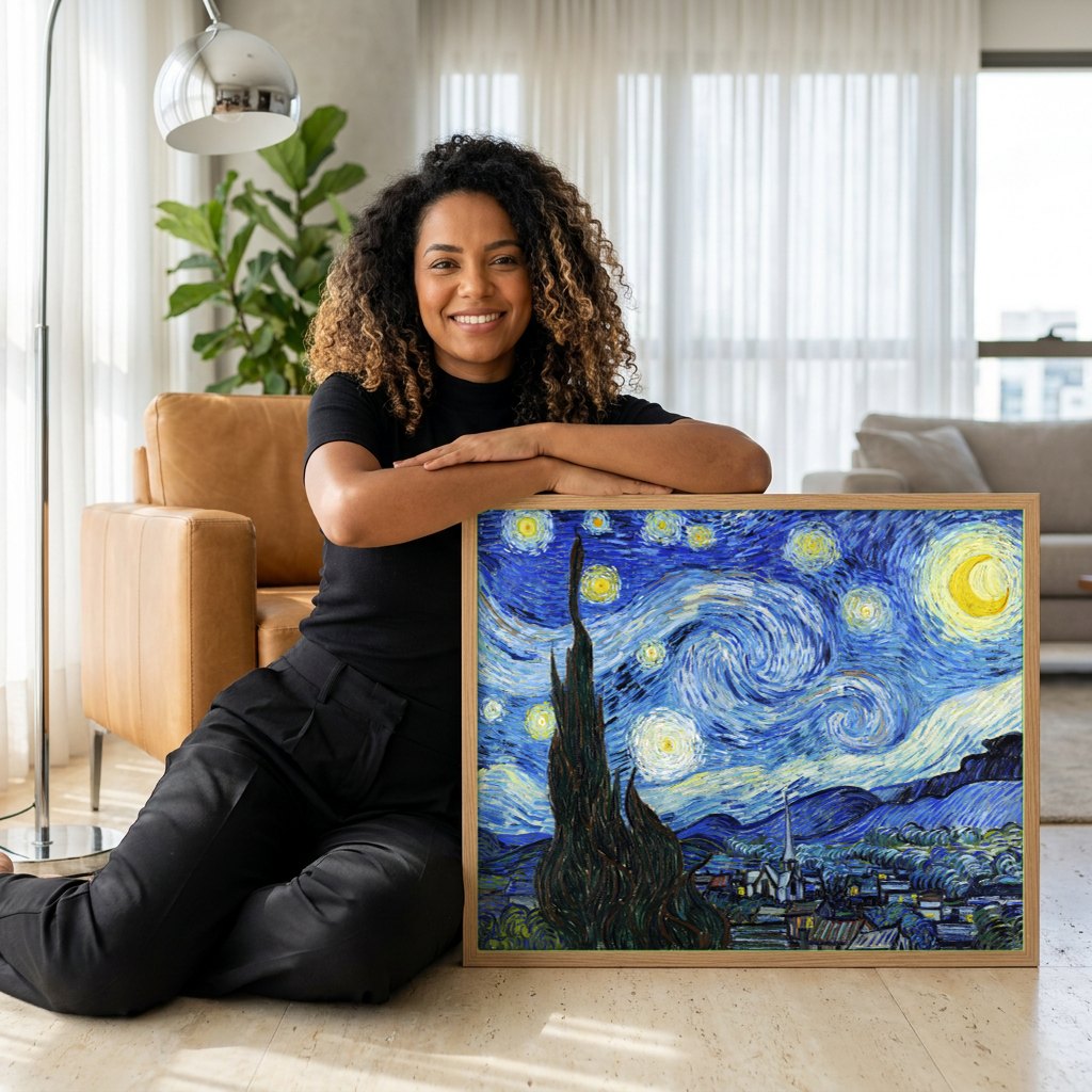 Quadro Decorativo A Noite Estrelada - Van Gogh | modelo apresentando o quadro emoldurado