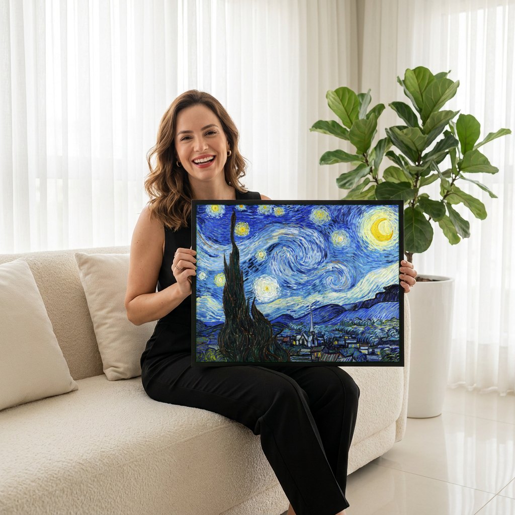 Quadro Decorativo A Noite Estrelada - Van Gogh | modelo apresentando o quadro emoldurado