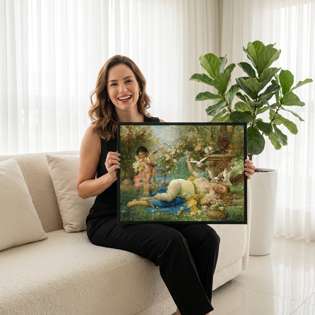 Quadro Decorativo A Mensagem de Amor - Hans Zatzka | modelo apresentando o quadro emoldurado