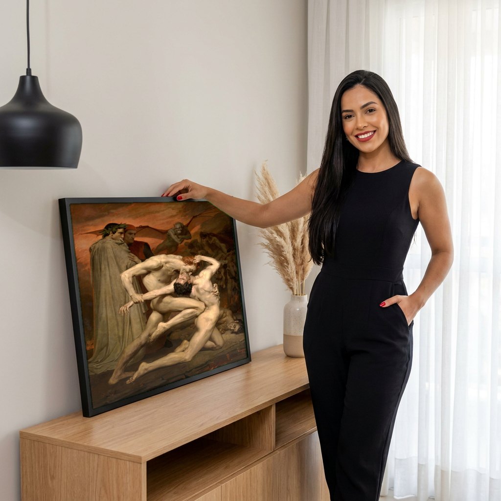 Quadro Decorativo Dante e Virgílio no Inferno - Bouguereau | modelo apresentando o quadro emoldurado