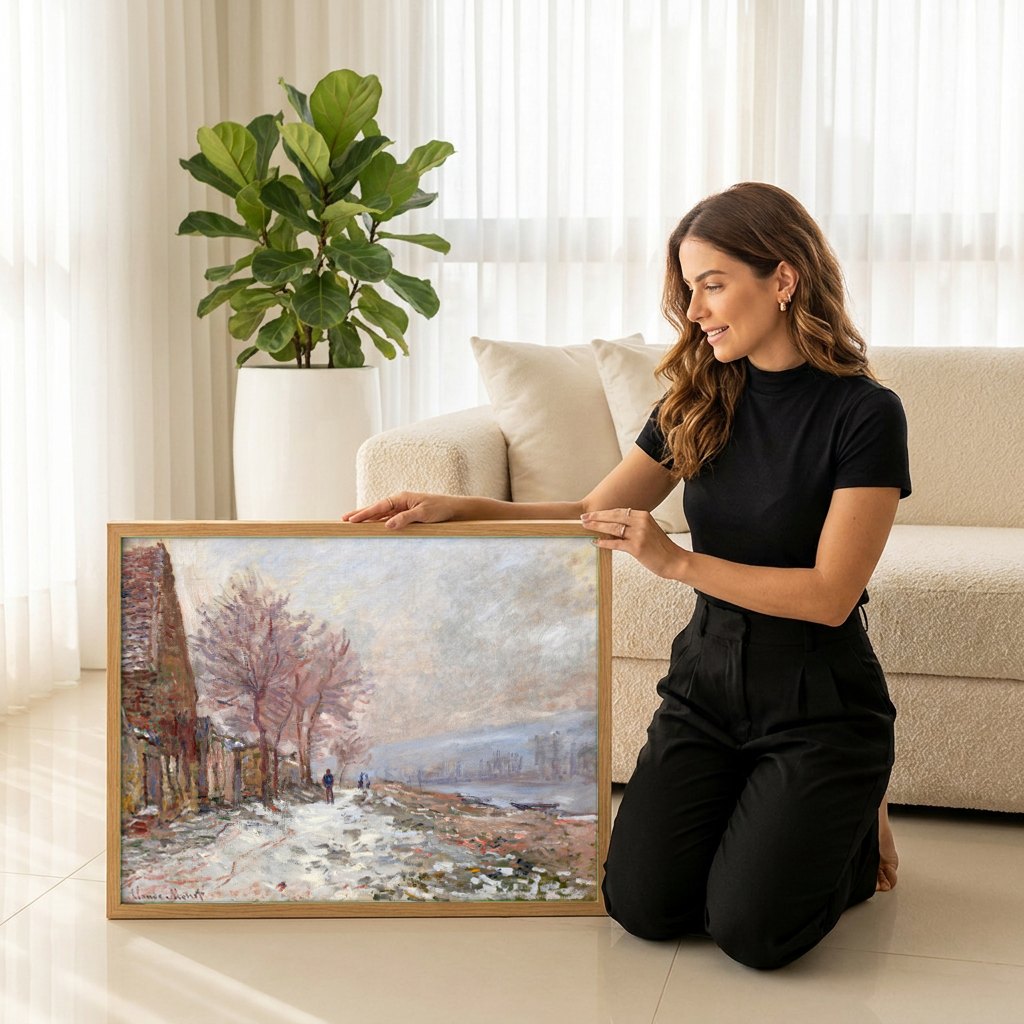 Quadro Decorativo A Estrada de Giverny no Inverno - Claude Monet | modelo apresentando o quadro emoldurado