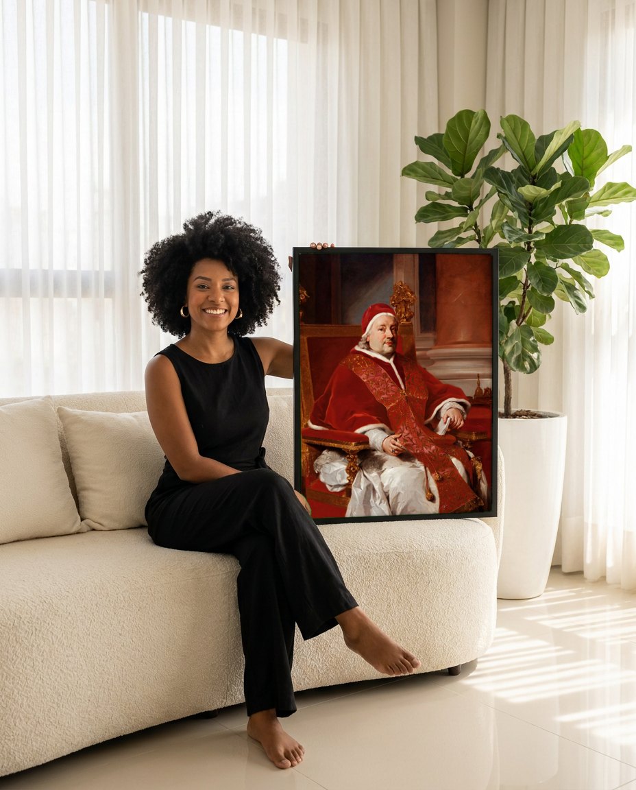 Quadro Decorativo Retrato do Papa Clemente XIV - Mengs | modelo apresentando o quadro emoldurado