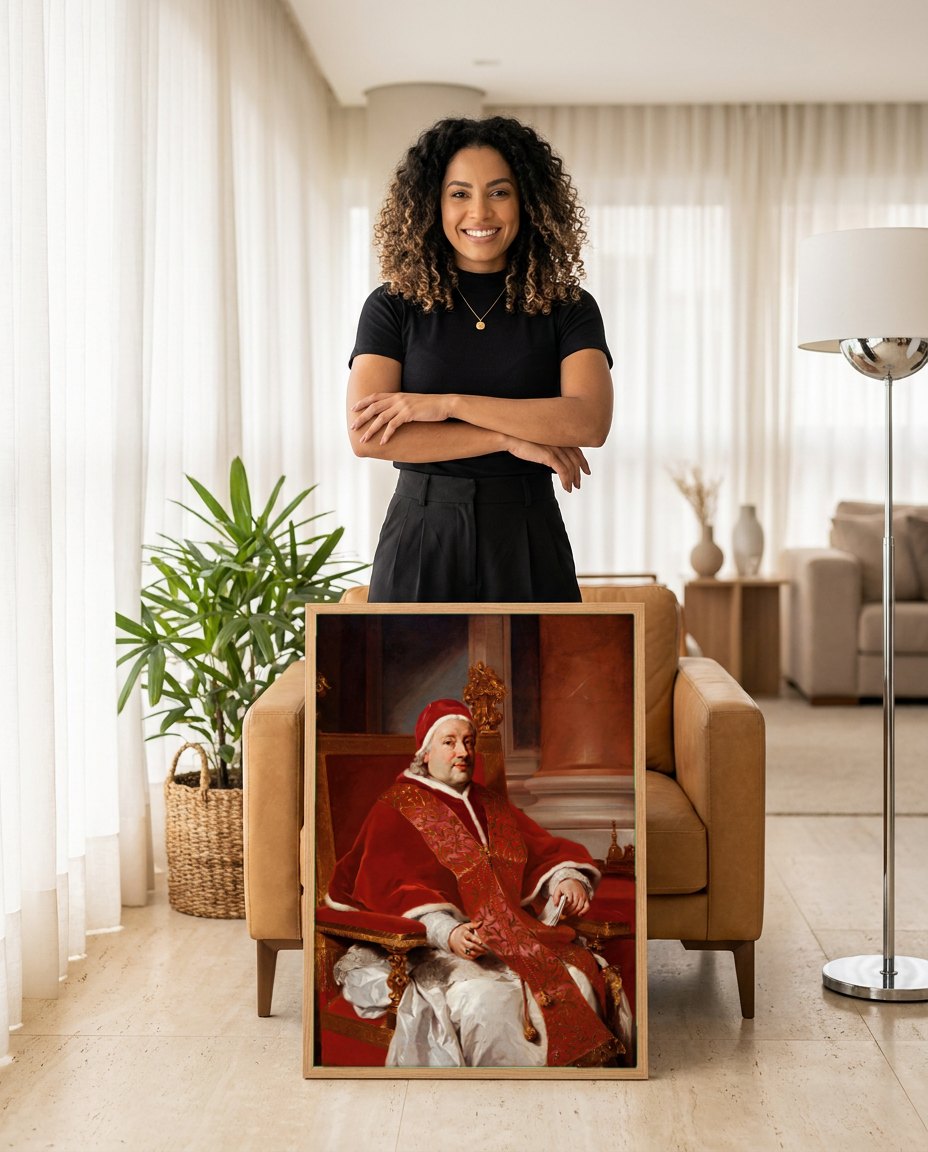 Quadro Decorativo Retrato do Papa Clemente XIV - Mengs | modelo apresentando o quadro emoldurado