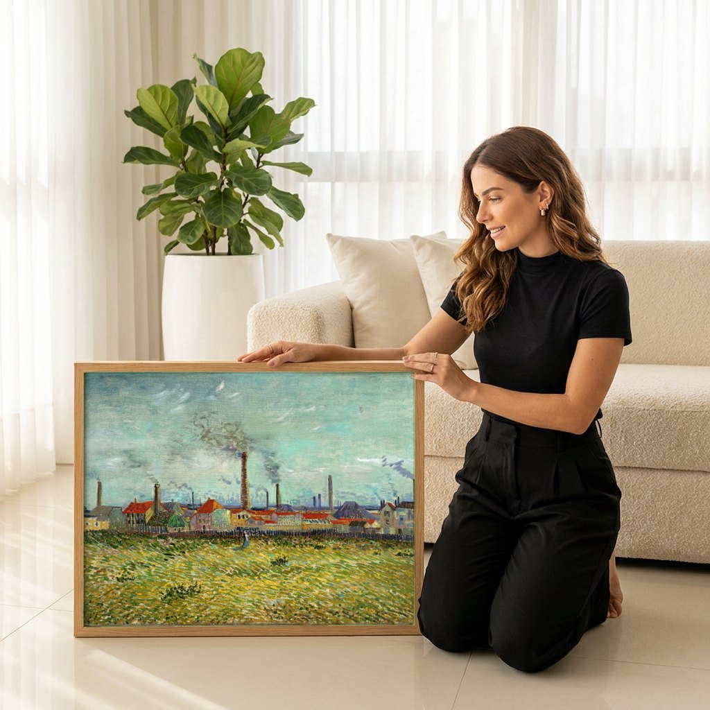 Quadro Decorativo Campo com Fábricas - Van Gogh | modelo apresentando o quadro emoldurado