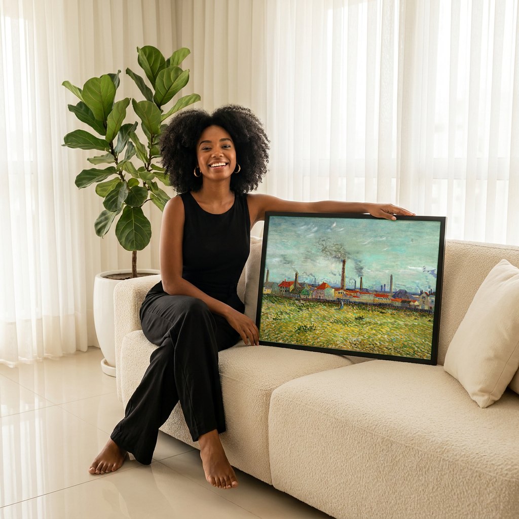 Quadro Decorativo Campo com Fábricas - Van Gogh | modelo apresentando o quadro emoldurado