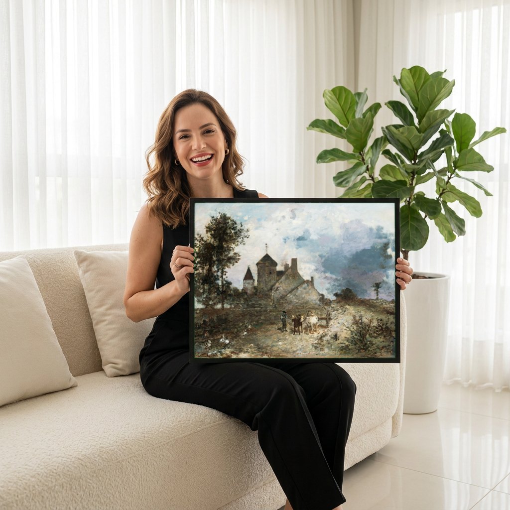 Quadro Decorativo Campo e Castelo - Johan Barthold Jongkind | modelo apresentando o quadro emoldurado